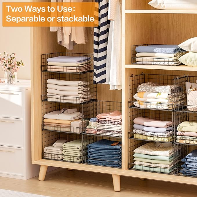 4 Tier Stackable Closet Organizers and Storage Shelves, Foldable Closet Shelf Organizer System, Stackable Storage Bins Drawers for Clothes Organizer System, Black（Patent No. 30022416）