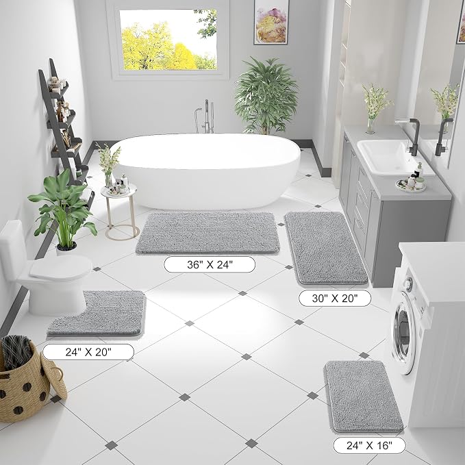 OLANLY Large Bathroom Rugs 47x32, Extra Soft Absorbent Chenille Bath Rugs, Rubber Backing Quick Dry, Machine Washable Bath Mats for Bathroom Floor, Tub and Shower, Home Decor Accessories, Light Grey