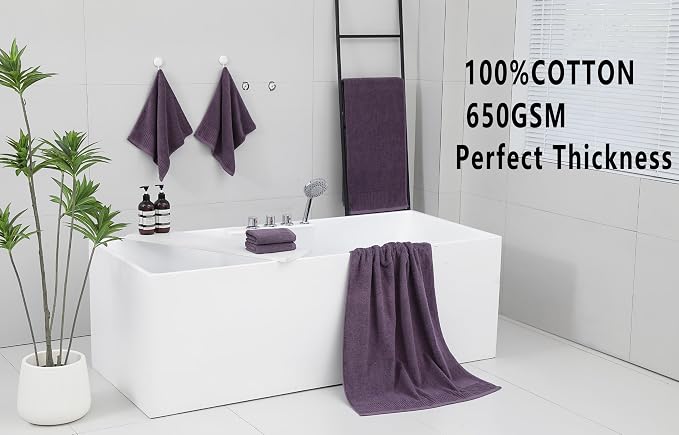 YTYC 27.5x55 Bath Towels Set,100% Cotton,650GSM,Plum,6-Pieces | Ultra Soft,Highly Absorbent, 2 Bathroom Towels,2 Hand Towels, 2 Washcloths, Towels for Bathroom, Gym, Spa,Pool