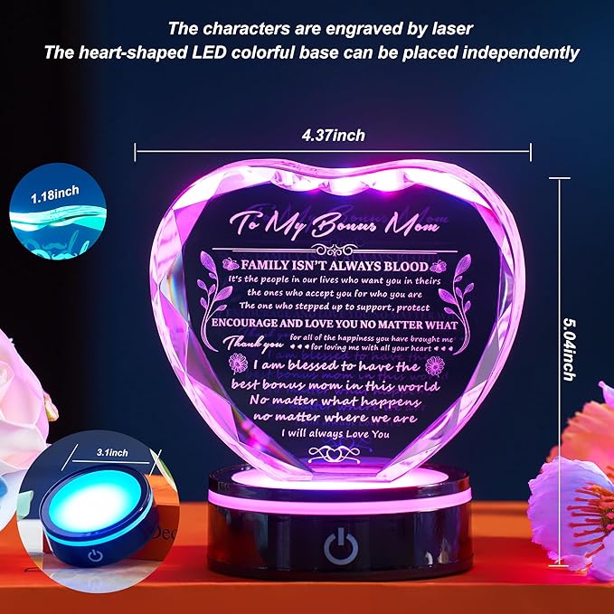 Bonus Mom Gift Ideas from Daughter Son, Gifts for Bonus Mom, Gifts for Step Mom for Valentines Birthday Mothers Day Christmas, Crystal Keepsake with Light Base