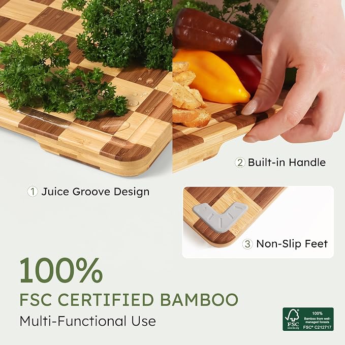 24”Extra Large Bamboo Cutting Boards for Kitchen Wooden Checkered Cutting Board Heavy Duty Butcher Block Healthy End Grain Charcuterie Board Non Slip XXXL Wood Over Sink Decorative Chopping Board