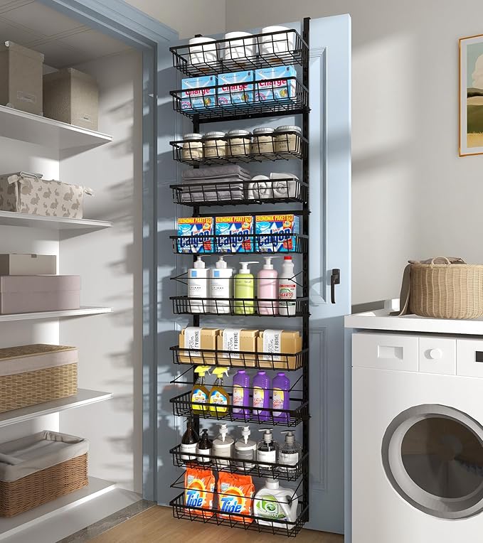 Mefirt 10-Tier Over The Door Pantry Organizer, Pantry Organization and Storage, Black Metal Hanging Adjustable Basket, Wall Spice Rack Seasoning Shelves, Home & Kitchen Essentials