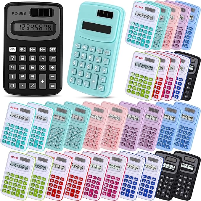 Flutesan 30 Pack Pocket Calculator Small Battery Powered Bulk Mini Size 4 Function Hand Held Basic Calculator for Students Kids School Home Office(Red, Blue, Green, Black, Pink, Purple)