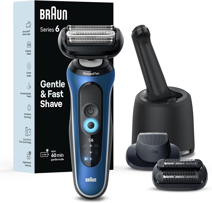 Braun Electric Shaver for Men, Series 6 6177cc, Wet & Dry Shave, Turbo & Gentle Shaving Modes, Foil Shaver, Blue