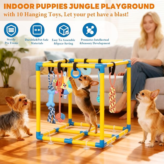 WLLEYAY Puppy Play Gym for Small Dogs 10 Hanging Toys,Interactive Dog Toys | Removable Indoor Jungle Gym,PVC Frame With Adjustable Bungee Straps, Interactive Tug Toys,Dogs Rope Toy To Keep Them Busy