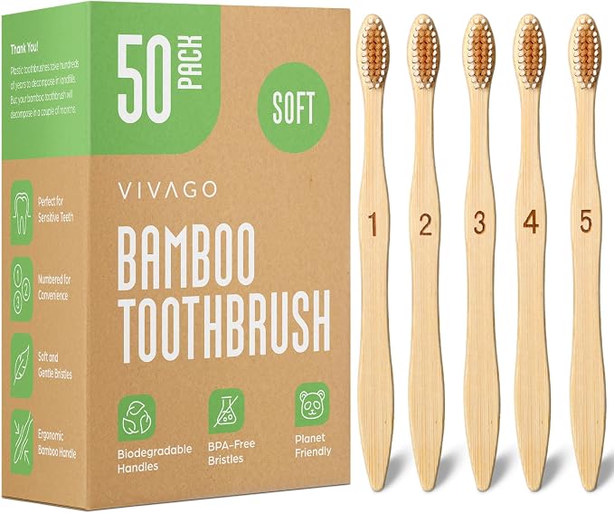 VIVAGO Bamboo Toothbrushes 50 Pack - Soft Bristles Toothbrushes for Adults | Natural Toothbrush, Eco-Friendly, Wooden Toothbrush, BPA-Free
