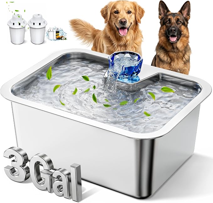 Stainless Steel Water Fountain for Large Dogs 3-Gallon Extra-Large Capacity Pet Water Dispenser Multi-Pet Compatible Drinking Bowl Easy to Clean Quiet Pump Design