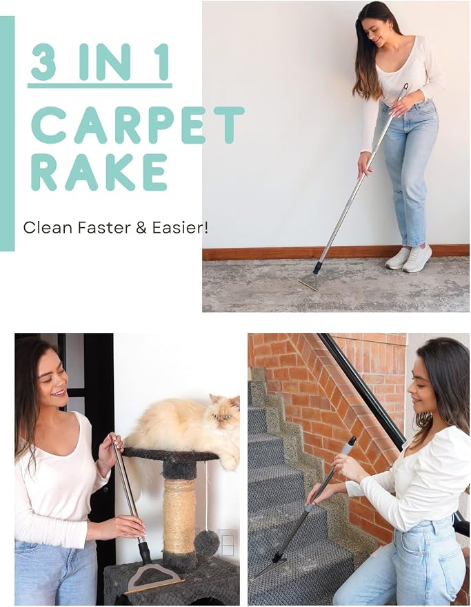 Pet Hair Remover for Carpets, Adjustable Long Handle Carpet Rake for Dog Cat Hair Removal, Powerful Carpet Hair Removal Broom, Reusable Large Fur Scraper Tool (Pack of 2)