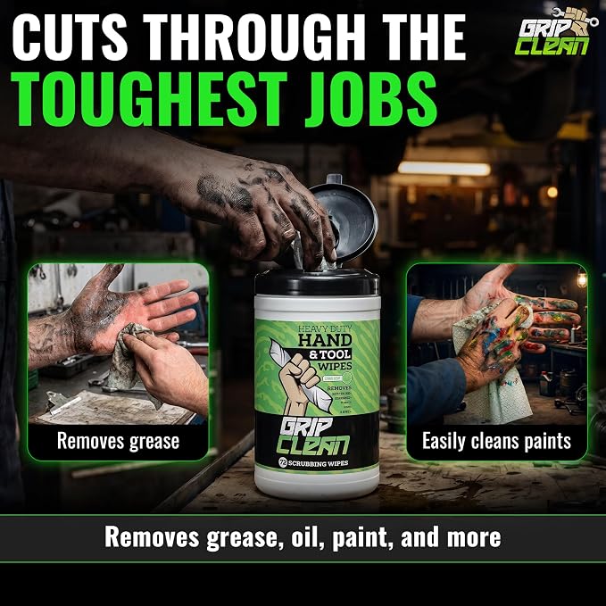 Grip Clean Heavy Duty Hand & Tool Cleaning Wipes – Waterless Hand Cleaner for Mechanics, Garage & Shop Use – Dual-Sided Grease, Oil & Paint Remover Wipes with Citrus Scent - 72ct