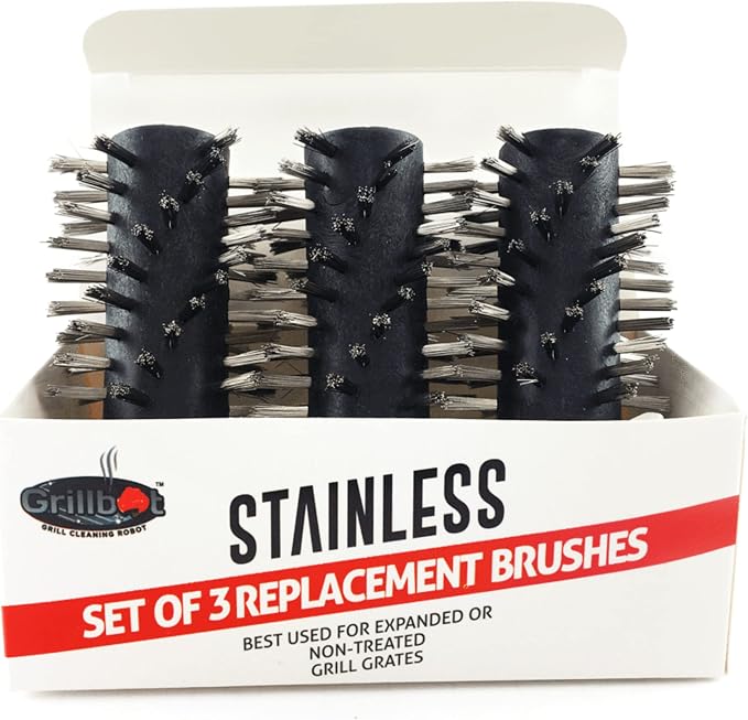 Grillbot Replacement Stainless Steel Brushes for Grillbot Automatic Grill Cleaning Robot – Set of 3 Stainless Steel Grill Brushes for Cast Iron & Expanded Steel Grills