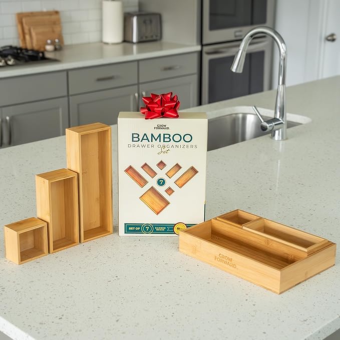 Grow Forward Bamboo Drawer Organizer Boxes - Set of 7 Wooden Drawer Organizers for Kitchen, Bathroom, Office, Desk, Vanity, Makeup - Non-Slip Junk Drawer Organizer Trays for Storage and Organization