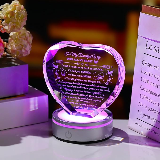 Qianwei Wife Gifts from Husband Unique - Personalized Crystal Heart Gifts for My Wife Who Has Everything - Birthday Anniversary Wedding Valentines Day Present Ideas for Her