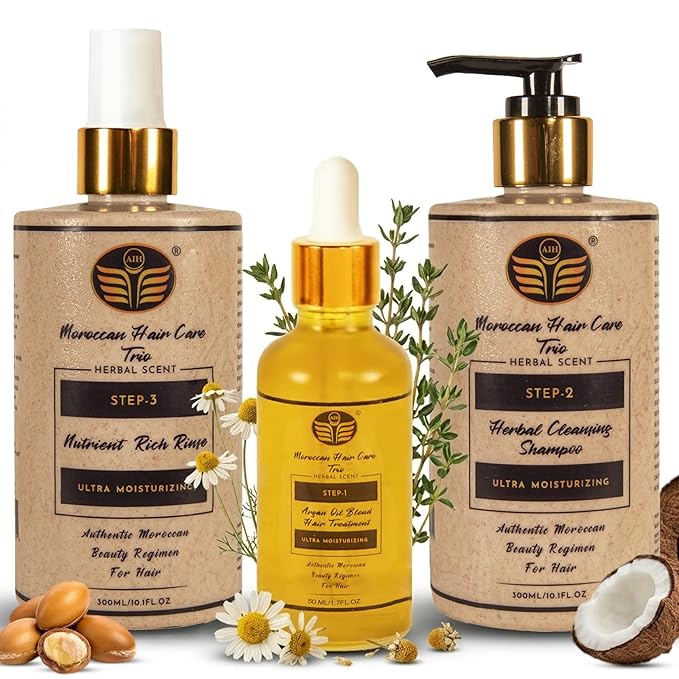 Dry Scalp Treatment Argan Oil Shampoo and Conditioner Set, Moroccan Hair Care Trio for Itchy Flaky Irritated Scalp, Moisturizing Rinse for Curly, Straight, Damaged Hair, Sulfate Free, 2–3 Month Supply