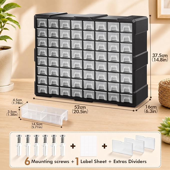 64-Drawer Organizer for Garage Building Bricks Storage,𝐓𝐡𝐢𝐜𝐤𝐞𝐫 Drawer Storage Cabinet with Dividers and Labels for Hardware,Screws,Nuts Bolts, Garage Tools,Charms,Beads,Craft,Scrapbook