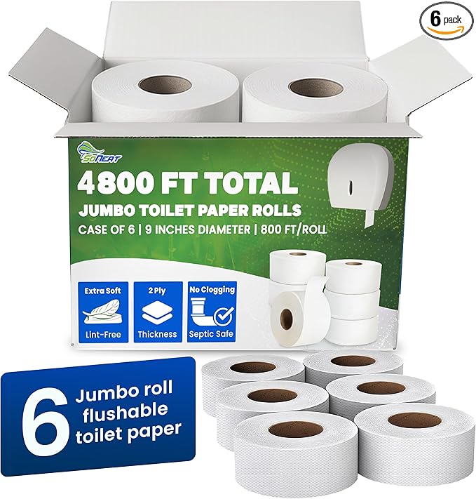 Commercial toilet paper - Jumbo toilet paper rolls -4,800 FT Industrial 2-Ply 9” Bulk Large Roll for Standard Jumbo Dispenser -100% Recycled Fibers-Soft and Absorbent Bathroom Tissue -6 Roll Case Pack