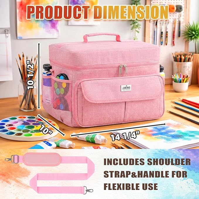 JJRING Versatile Acrylic Paint Organizer Bag With Adjustable Dividers For Multi-Size Bottles, Art Supply Storage Case Features 12-Slot Brush Holder & Clear Zipper Pocket, Travel Craft Tote(Pink)