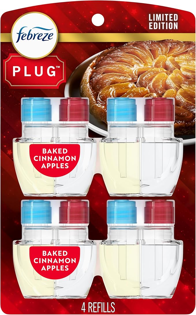 Febreze Plug-In Air Freshener, Odor-Fighting Scented Oil Refill for Home, Bathroom & Kitchen, Holiday Baked Cinnamon Apples Scent, 0.87 oz Refills, 4 Count