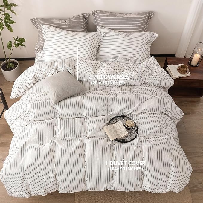 Stripe Duvet Cover King Size 104inch x 90inch, 100% Washed Cotton Linen Feel Duvet Cover, Pinstripe Duvet Cover with Zipper Closure and 2 Pillowcases, Color of White-Dark Grey Stripe