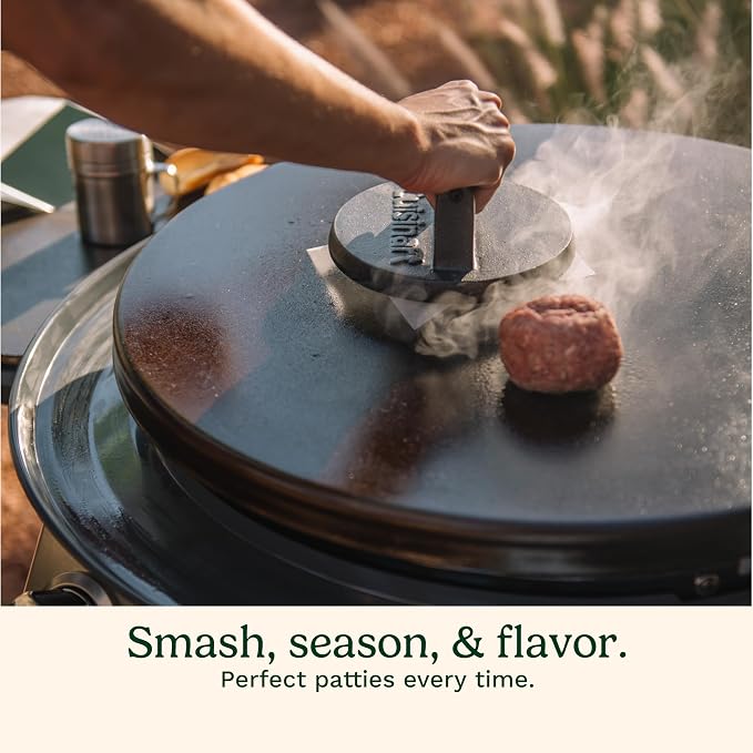 Cuisinart Smash Burger Press, Cast Iron, 6.5" Round Burger Smasher | CISB-111, hamburger press with round flat edge for crispy carmelization, the go-to grill press for indoor and outdoor cooking