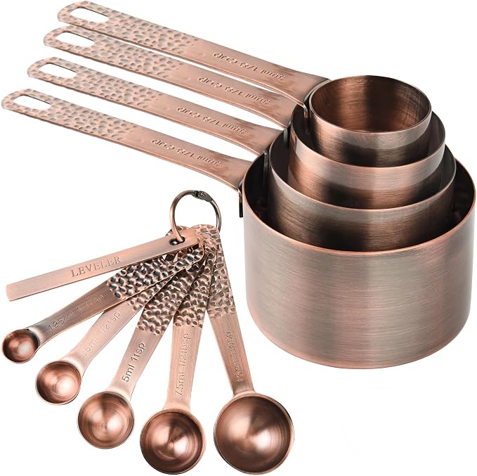 Copper Measuring Cups and Spoons Set, Stainless Steel Measuring Tools Set for Baking & Kitchen, Metric & US 4 Copper Plated Measure Cups and 5 Measure Spoons with Leveler for Wet & Dry