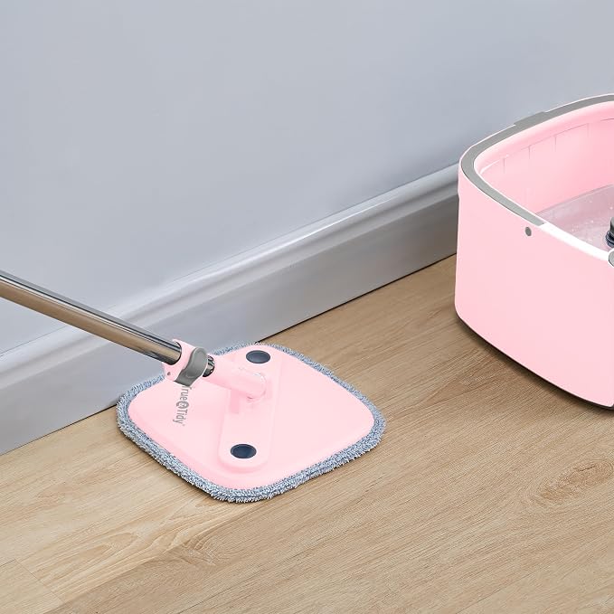 Square Spin Mop & Bucket System, 2pc Machine Washable Pads, Pink