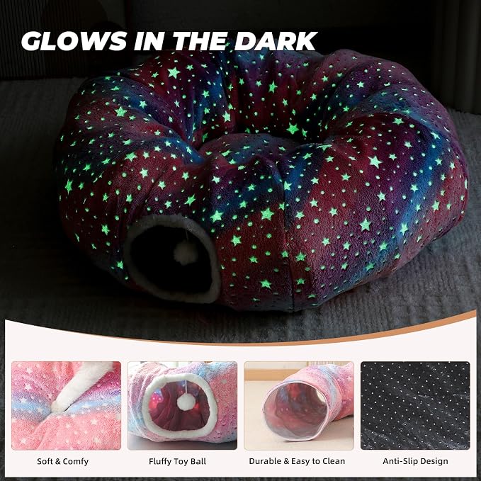 Under Christmas Tree Large Cat Tunnels Bed Tube for Indoor Cats Glows in The Dark Cat Tunnel with Cushion and Plush Ball Toy Longer Playground Toys for Dog Puppy Kitten Rabbit Pet Rainbow
