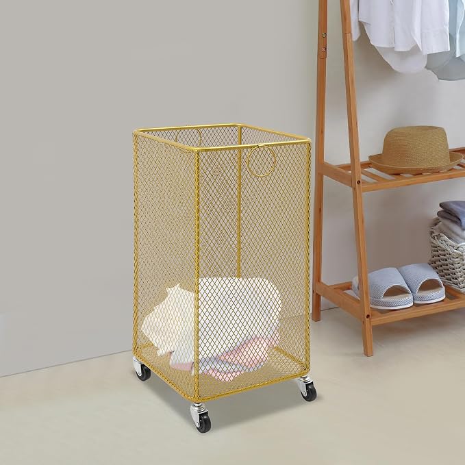 Rolling Laundry Hamper with Wheels Metal Wire Laundry Basket Cart Heavy Duty Clothes Toy Sundries Storage Organize Hamper Bin for Living Room Bathroom Closet Bedroom (Gold, Square)
