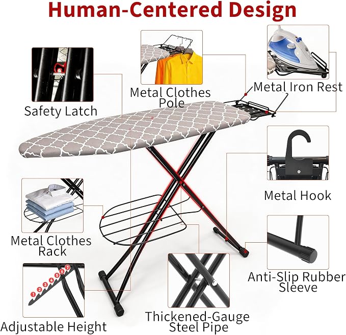 Ironing Board, 43"×13" with Iron Rest, 7 Adjustable Height & Clothes Shelf | Iron Board with Bulit-in Hook and Hanger Bar, 4 Layer Heat Resistant Cover and Pad for Home Apartment Dorm Laundry Room, Gray