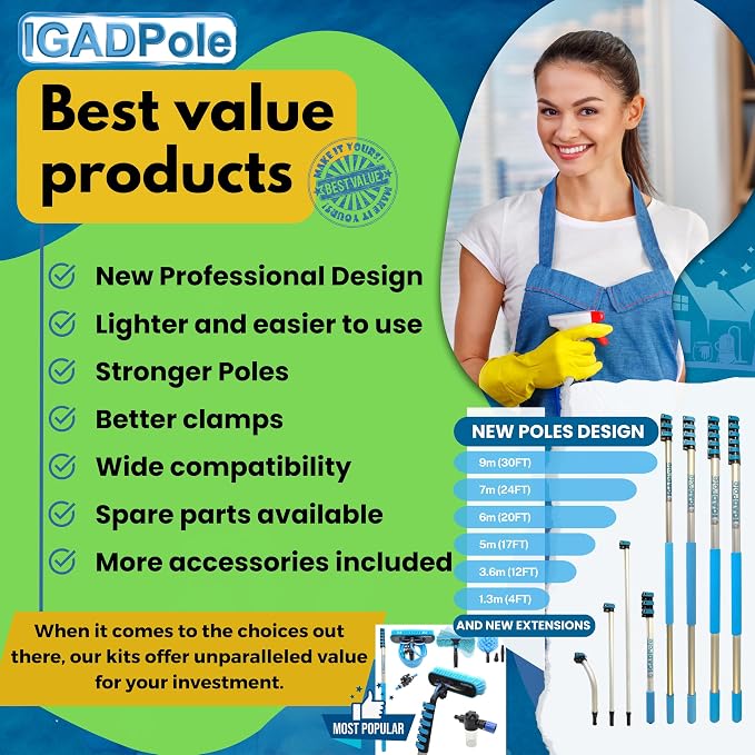 IGADPole 20 FT Water-Fed Washing Kit with Soap-Dispenser, Brush, 10″ Squeegee & Cobweb Duster for Windows, Gutters, Solar Panels & Exterior Walls