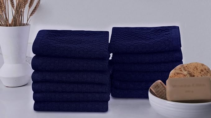 COTTON CRAFT Euro Spa Waffle Wash Cloth - Set of 12 Navy Washcloth | Luxury Face Towel Set - 100% Cotton - Soft Plush Absorbent Low Lint Quick Dry - Gym Shower Beach Bath Kitchen - 12x12 inches