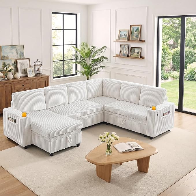 106 in L Shaped Modular Sectional Sofa Couch for Living Room, Beige | Pull Out Sleeper Bed, 7 Seat Modular Design, Hidden Storage Space, USB Charging, Cup Holders, Soft Corduroy, Easy Assembly