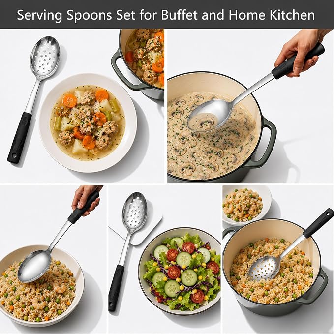 Buffet Serving Utensils Set, 9-Piece with Serving Spoons & Tongs | 3 serving spoons, 3 slotted spoons, and 3 tongs with heat-resistant silicone handles for buffet serving and entertaining.