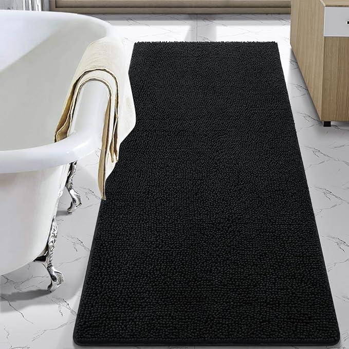 LOCHAS Luxury Bathroom Rug Shaggy Bath Mat 30 x 60 Inch, Black | Washable Non Slip Bath Rugs for Bathroom Shower, Soft Plush Chenille Absorbent Carpets