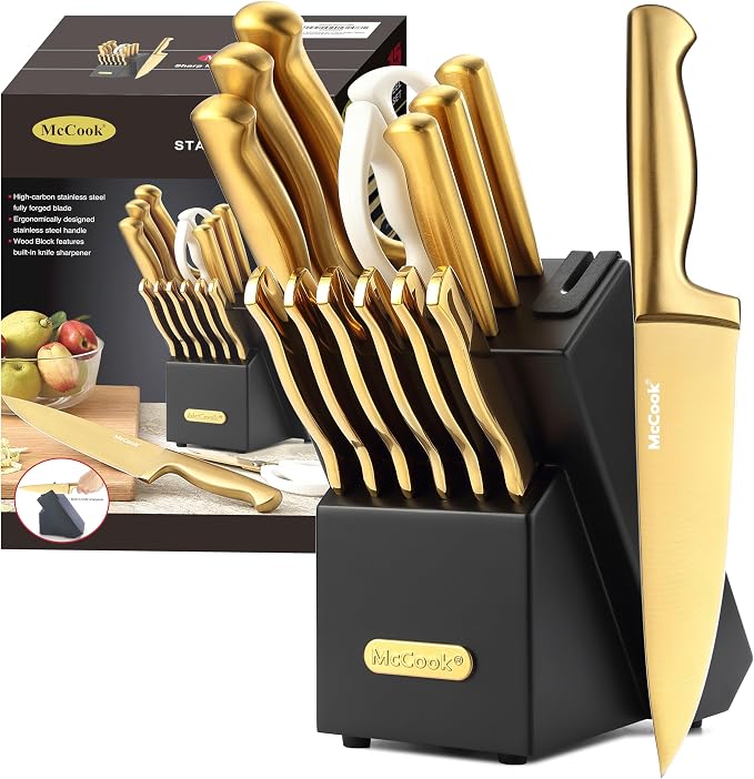 McCook® Knife Sets, Golden Titanium Stainless Steel Kitchen Knife Block Sets with Built-in Sharpener, 15 Piece Knives, Restaurant Grade Sharp, Elegant Gold & Stylish Wooden Block for Modern Culinary | German Forged Stainless Steel,15 PC,Razor Sharp,Ant...