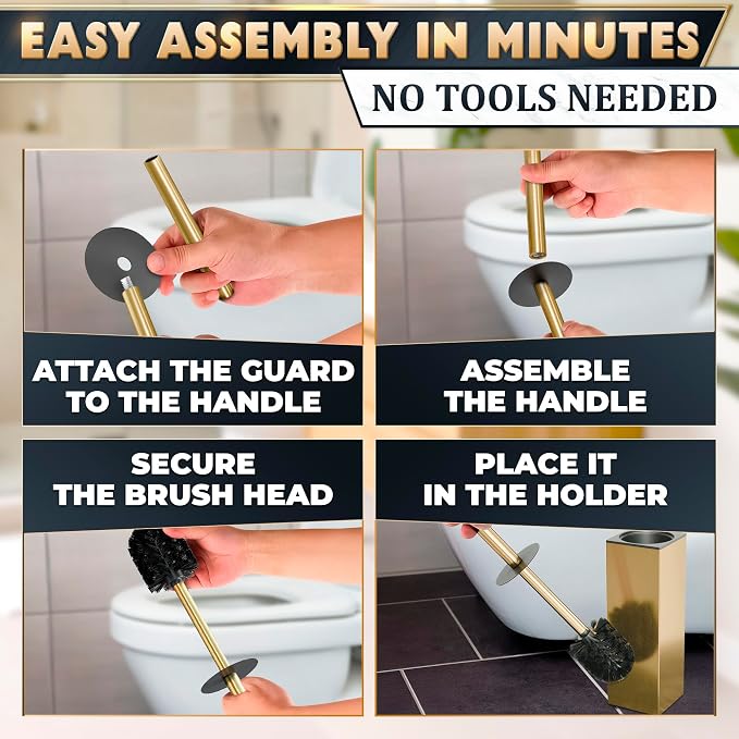Stainless Steel Toilet Brush and Holder Set Gold & Square Design - Corrosion and Scratch-Resistant Gold Toilet Brush and Holder Set with Splash Protection - for Deep & Effective Bathroom Cleaning