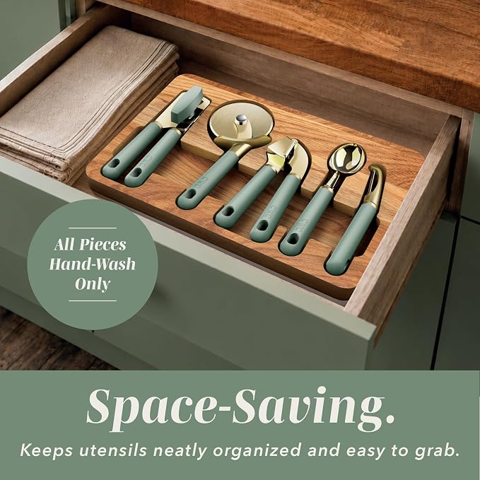 COOK WITH COLOR 6-Piece Kitchen Tool Set with Acacia Wood Cutting Board, Can Opener, Pizza Cutter, Garlic Press, Scoop & Peeler, Sage