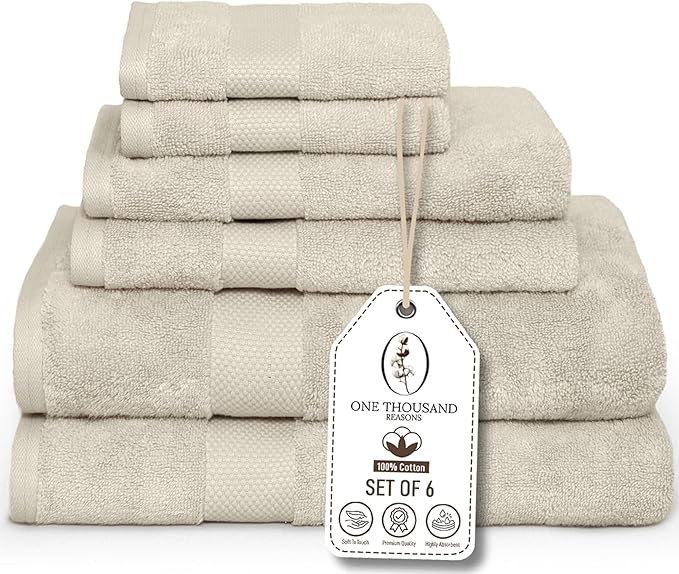 Premium Staple Cotton Bathroom Towel Set - Beige 600 GSM 6-Piece Luxury Bath Towel Set 1 Stripe - 2 Bath Towels, 2 Hand Towels & 2 Washclothes Set - High Absorbent & Quick Dry for Gym, Spa, Hotel
