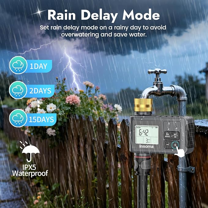 Insoma Water Timer, 1 Zone Outdoor Hose Timer for Garden Faucet with Auto/Manual/Rain Delay Mode, Sprinkler Irrigation Timers for Yard Lawn