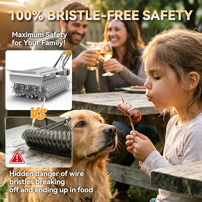 HOUSE AGAIN Grill Brush Bristle Free, Stainless Steel Food-Grade Brush Head with Scraper, Safe Steam BBQ Outdoor Grill Cleaning Brush Barbecue Grill Cleaner Non Wire for Grill Grate/Long Wood Handle