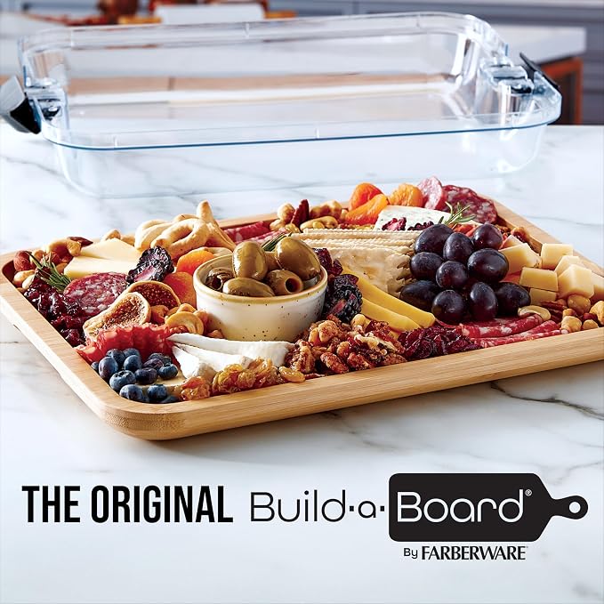 Farberware Bamboo Cutting Board with Clear Locking Lid, 11 x 14 Inch Build-A-Board Charcuterie Board with 6 Compartments for Food Prep, Snack Tray, and Entertaining
