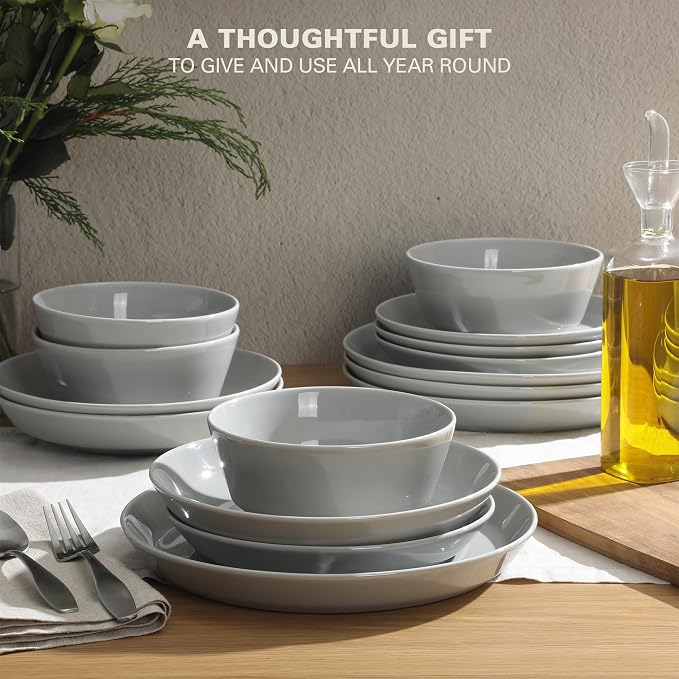Gibson Home Summer Shades 16 Piece Plates and Bowls Dishes Service for 4 Porcelain Dinnerware Set - Grey