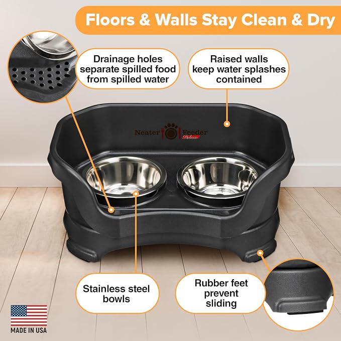 Neater Pet Brands Neater Feeder Deluxe Mess Proof Cat Bowls Elevated, Made in USA, No Spill Raised Bowls for Indoor Cats, Stainless Steel Food and Water Bowl Set, Pet Dish Feeding Station, Black