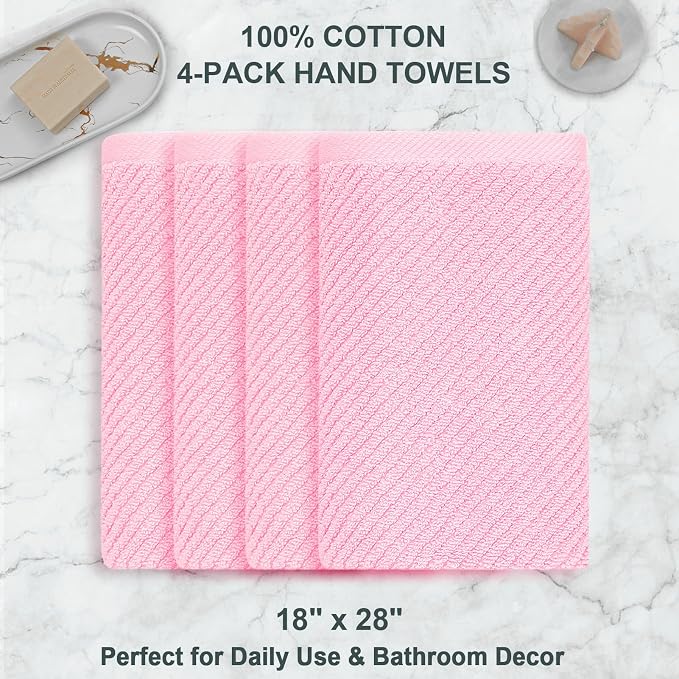 VOOVA & MOVAS Bathroom Hand Towels 4PC, 100% Cotton, 18x28 in, Pink | Quick Dry, Thick, Soft, Absorption, Luxury Hand Towels For Showering, Bathroom Essentials Set