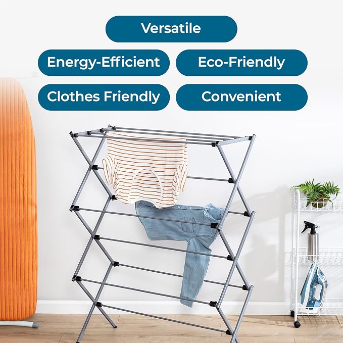 Honey-Can-Do Oversized Collapsible Clothes Drying Rack, 35", 50 lb, Grey | Oversized 35" x 45" steel rack holds 50 lb and folds flat for storage. Air-dry a full load indoors or outdoors.