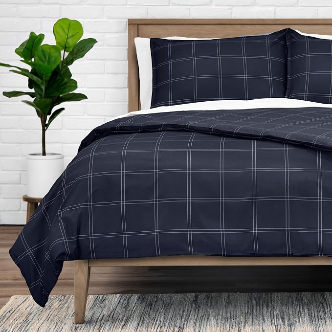 Bare Home Bedding Duvet Cover King Size - Premium 1800 Super Soft Collection - Lightweight, Cooling - Soft Breathable Bedding Duvet Cover (King, Modern Plaid - Midnight Blue/White)