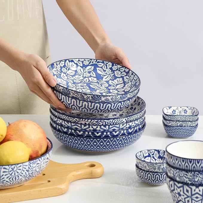 Selamica Ceramic Pasta Bowls Set 34 OZ, Large Salad Bowls 8.6 Inch Dinner Bowls for Kitchen, Wide Shallow Bowls Deep Plates for Pasta Soup, Microwave & Dishwasher Safe, Set of 6, Vintage Blue