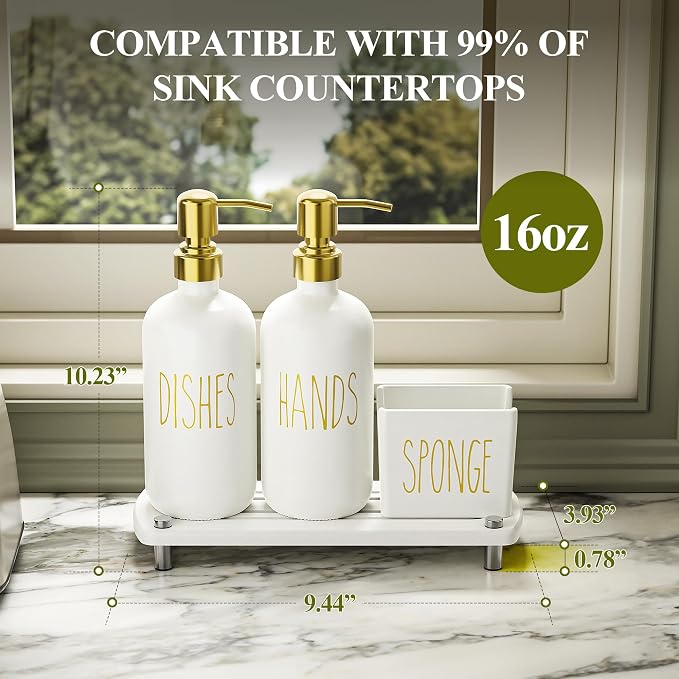 Cisily Kitchen Soap Dispenser Set Comes with Ceramics Sponge Holder, Gold Pumps, and Instant Dry Tray, Hand and Dish Soap Dispenser Set, Kitchen Decor and Accessories for Countertop Organizer