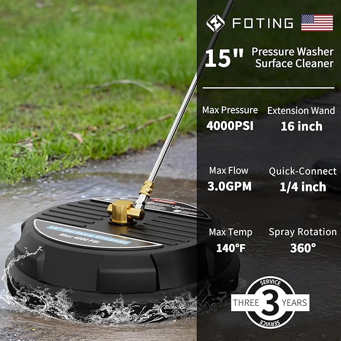 FOTING Pressure Washer Surface Cleaner Attachment, 4000 PSI 3.0GPM Power Washer Accessory Rotary Brush with 2 Nozzles - 1/4" Quick-Connect for Driveway Outdoor Patio Housing Cleaning, 15"