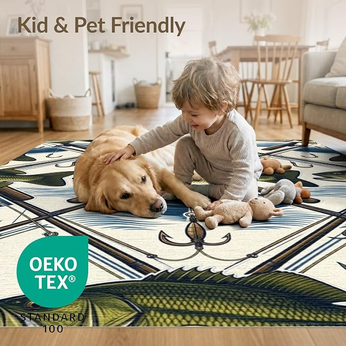 2'x3' Washable Area Rug Bass Angler Hook Lure Frame Tackle Motif Border Fish Fishing Refined Structured for Bedroom, Nursery, RV, Pet Friendly & Kids Safe Bedside