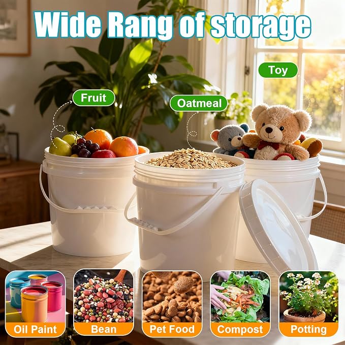 2.6 Gallon Plastic Bucket with Screw Lid 3 Pack - Food Grade Small Storage Bucket for Water, Food, Paint, Cleaning Supplies (BPA-Free, Stackable)